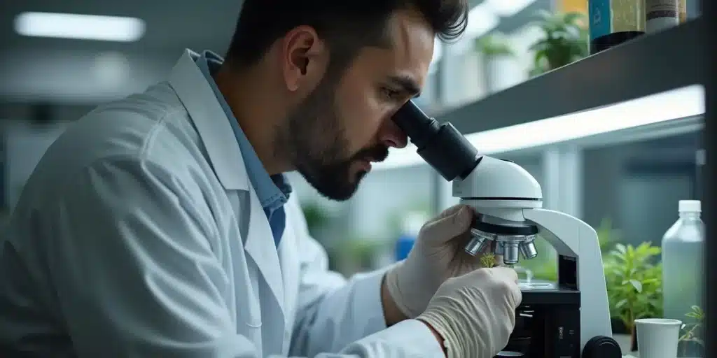 Scientist using microscope in lab for esters in cannabis research.