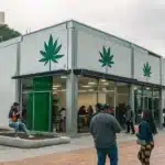 Modern cannabis dispensary with is weed legal in columbia sign in vibrant urban setting.