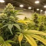 Dense Lemon Autoflower Strain buds thriving in an indoor grow room under bright overhead lights and surrounded by maturing plants