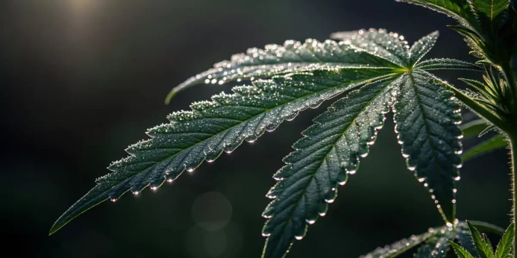 Macro view of cannabis leaf showing glistening trichomes with droplets of water.