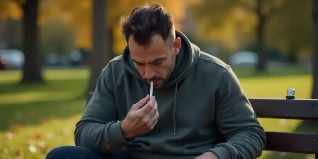 Man in hoodie lighting a joint on a park bench, unaware of residual cannabis smell.