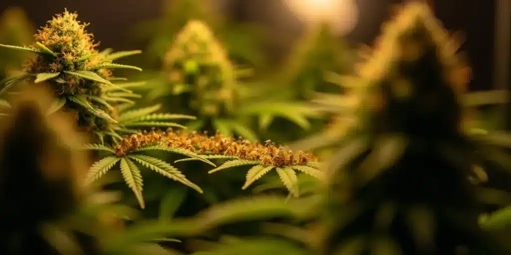 A cluster of gnats on cannabis leaves under indoor grow lights.