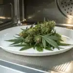 Realistic image of cannabis buds placed on a plate inside a microwave, demonstrating the quick drying method.