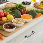 Realistic view of a well-organized kitchen counter with healthy foods, illustrating strategies to prevent munchies naturally.