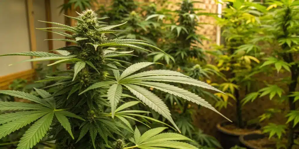 Realistic indoor garden photo of a cannabis plant highlighting nodes and internodes, illustrating essential aspects of plant structure and growth.