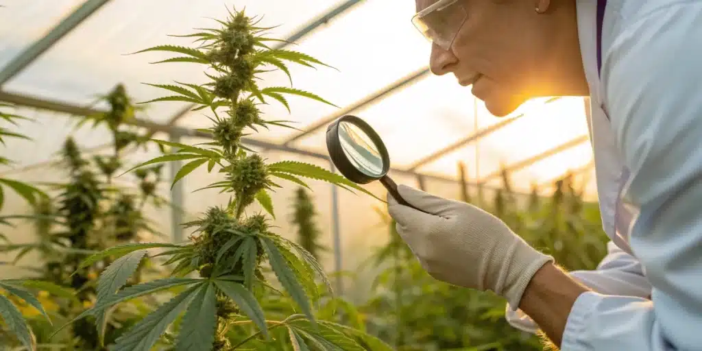 Realistic image of a horticulturist inspecting nodes and internodes in a plant, emphasizing the importance of plant anatomy in cultivation.