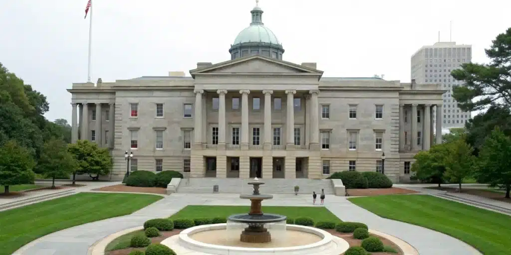 Realistic image of a North Carolina legislative building with legal documents, highlighting cannabis law discussions and reforms.