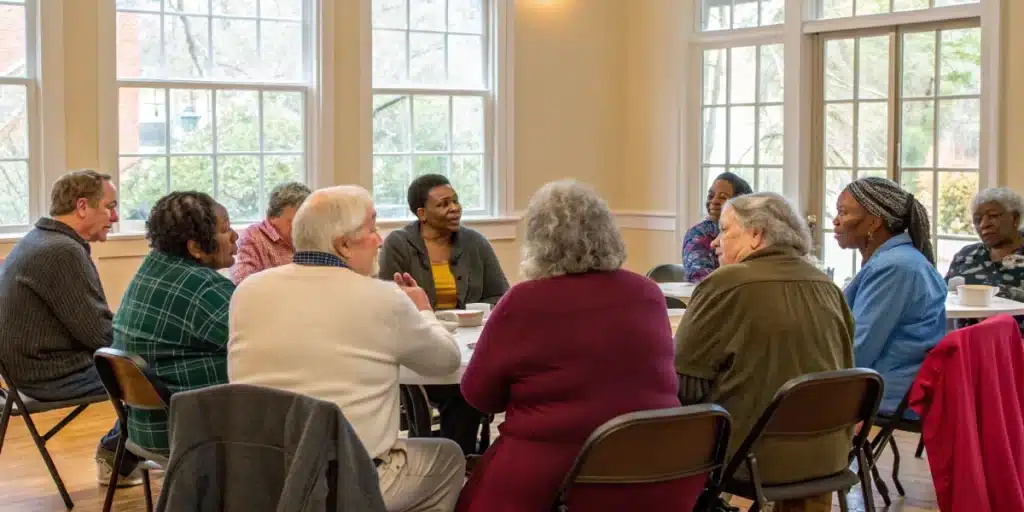 Realistic image of North Carolina residents at a community meeting, discussing cannabis legalization and legal reforms in an open setting.