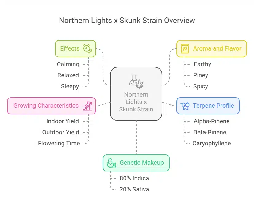 Northern Lights x Skunk Strain infographic showing effects, terpene profile, aroma, genetics, and cultivation traits