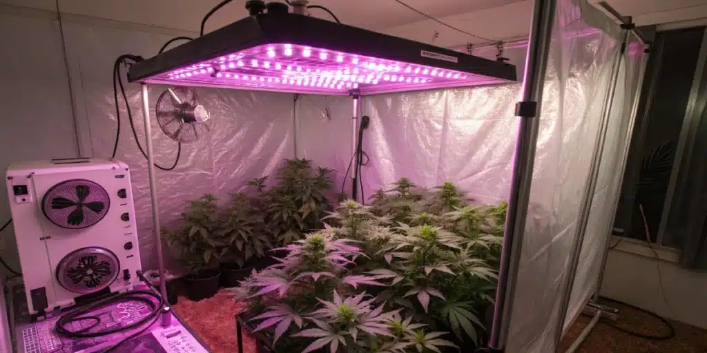 Northern Lights x Skunk Strain plants thriving under pink LED grow lights inside a controlled indoor grow setup