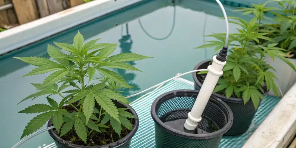 Hydroponic cannabis setup showing reservoir and pH probe measuring cannabis ph range
