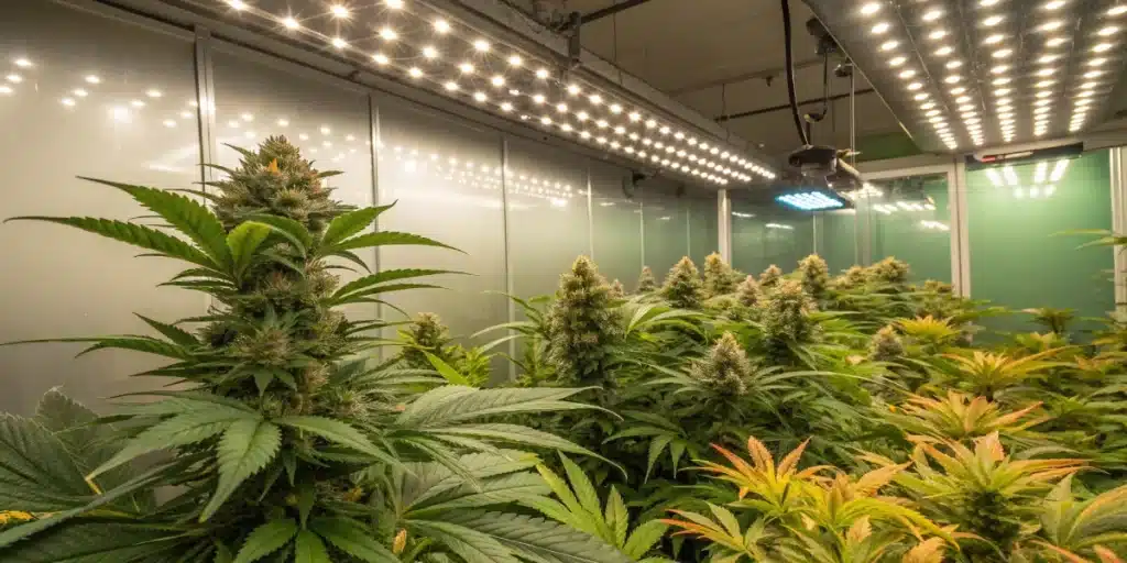 Indoor grow room with LED panels illuminating flowering Pineapple OG Kush Strain plants in full bloom