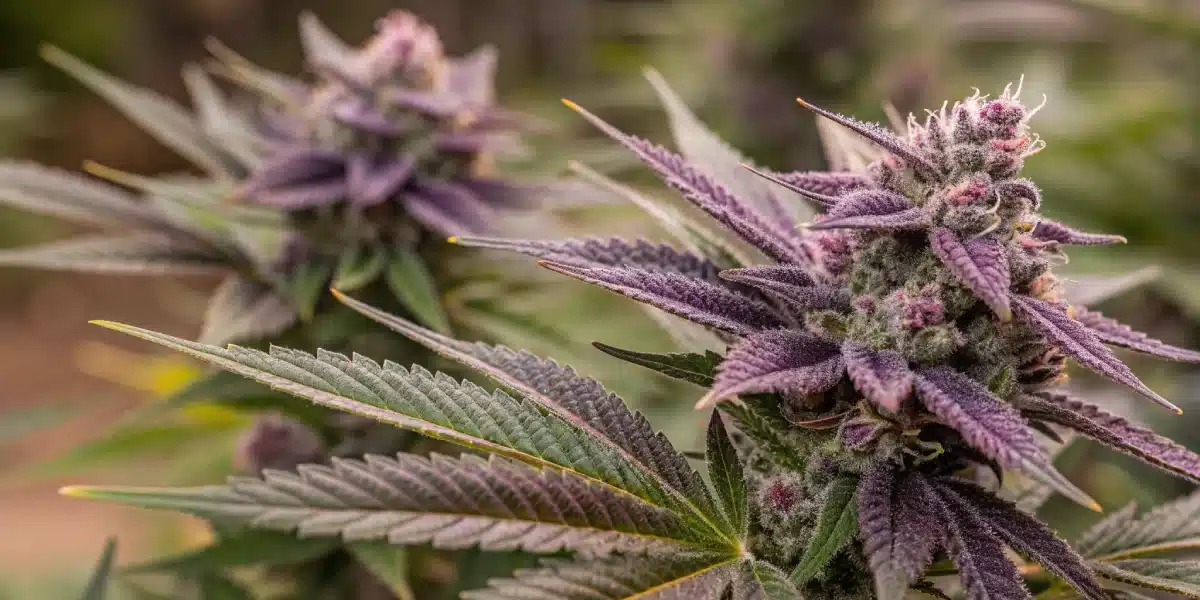 Close-up of Purple Thai Regular Strain plant with vivid purple sugar leaves and dense trichome coverage.