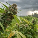 Hyper-realistic close-up of a cannabis plant with dense buds under dark, rainy sky in an outdoor field.