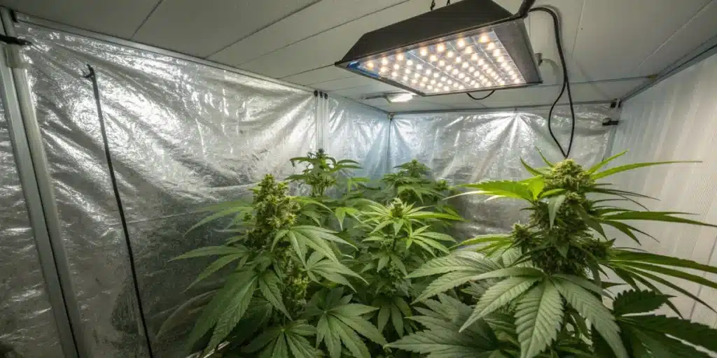 Indoor grow tent with LED lighting showcasing mature Sour Diesel Regular Strain plants with dense green buds and wide leaves.