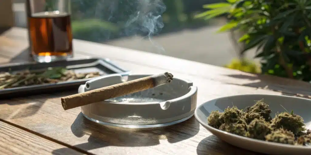 Realistic image of a completed spliff joint on an ashtray, demonstrating its unique characteristics in a relaxed setting.