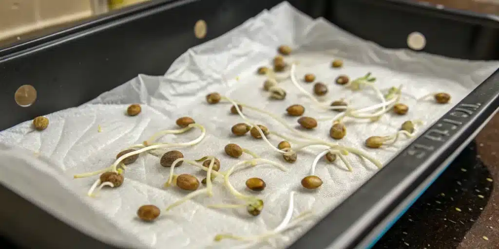 Paper towel germination method with sprouted Star Killer Regular Strain seeds showing long white taproots in a black tray.