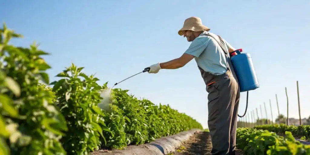Realistic image of a gardener applying artificial fertilizer to crops, showing the practical application and effects on plant growth.