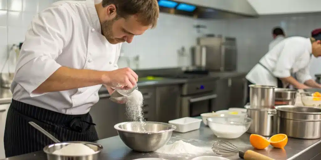 Realistic image of THCA isolate powder being incorporated into an edible product in a modern compounding facility.