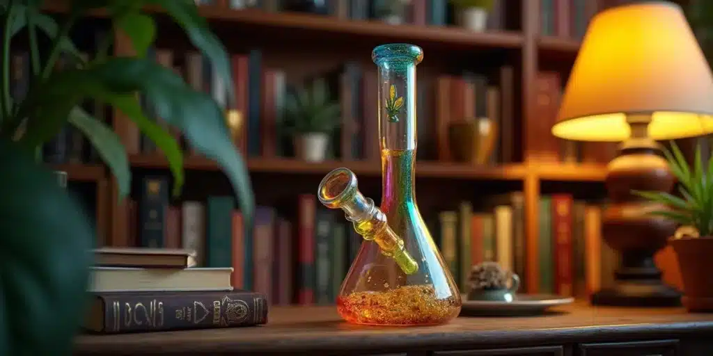 Colorful glass bubbler with cannabis leaf emblem placed beside books in a study.