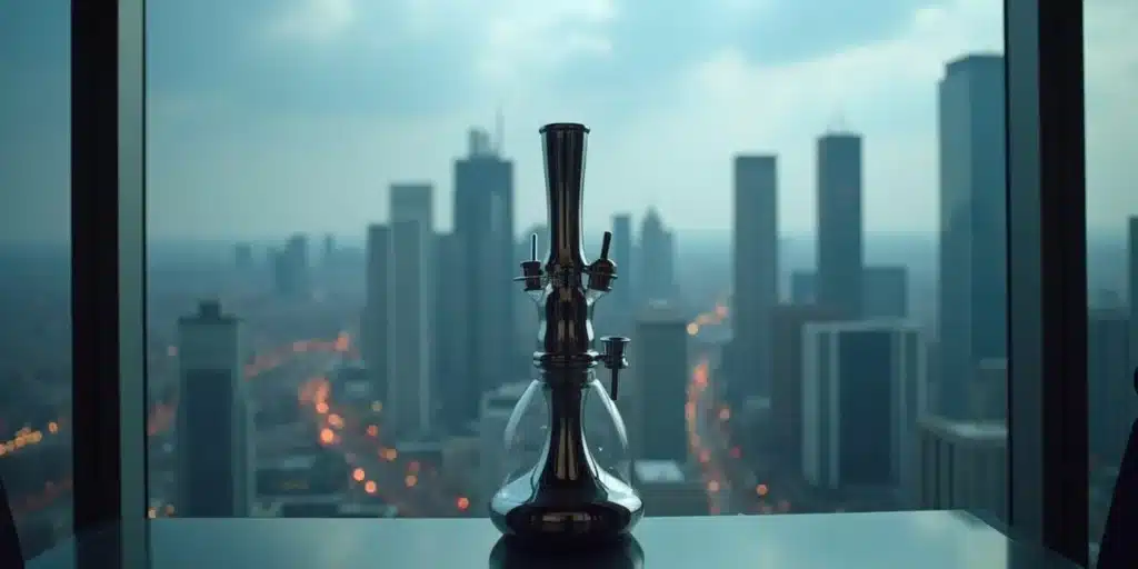 Metal bubbler placed near a window with a view of a city skyline.