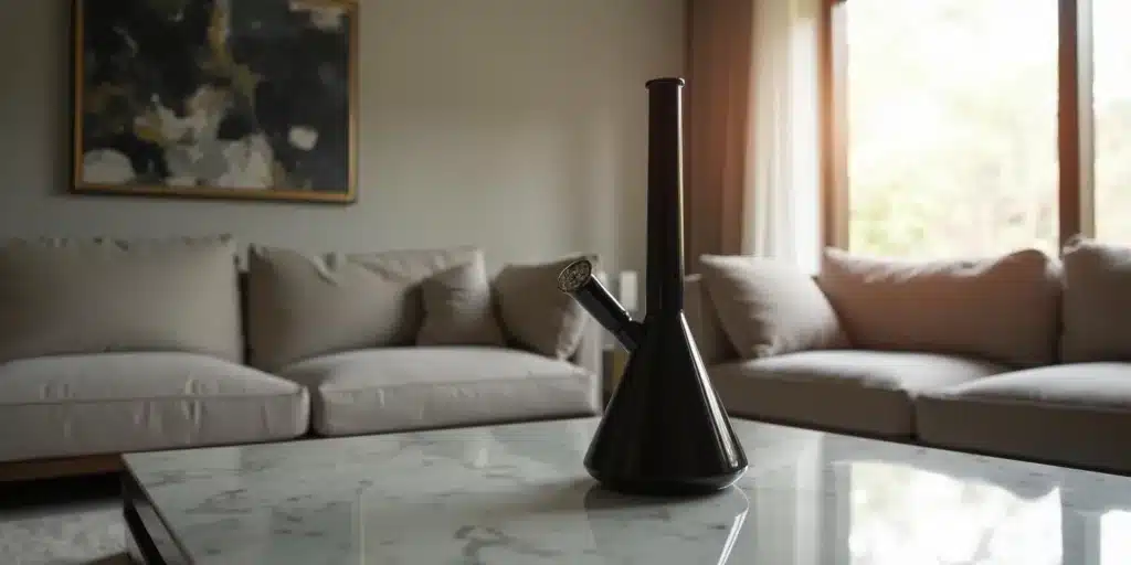Black minimalist bubbler sitting on a marble coffee table in a modern living room.