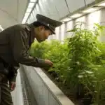 A North Korean officer inspecting cannabis plants, reflecting myths about weed is legal in north korea.