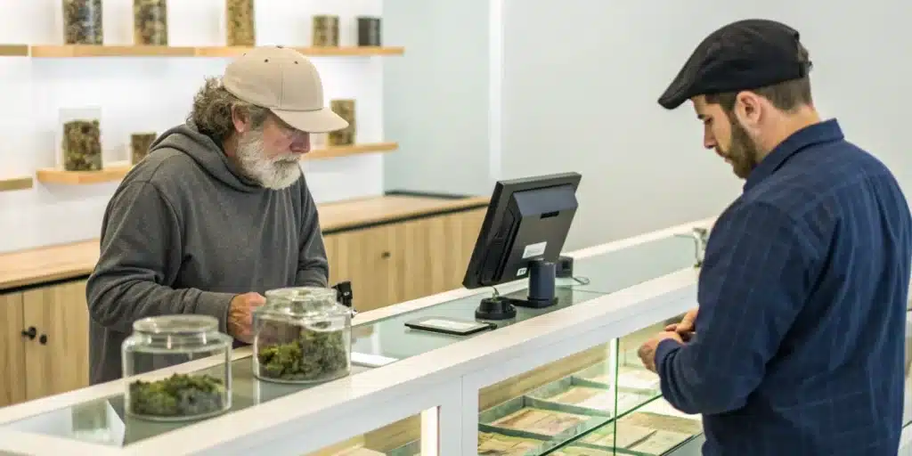 Realistic image of a customer checking ID at a cannabis store in West Virginia, highlighting legal purchase protocols.