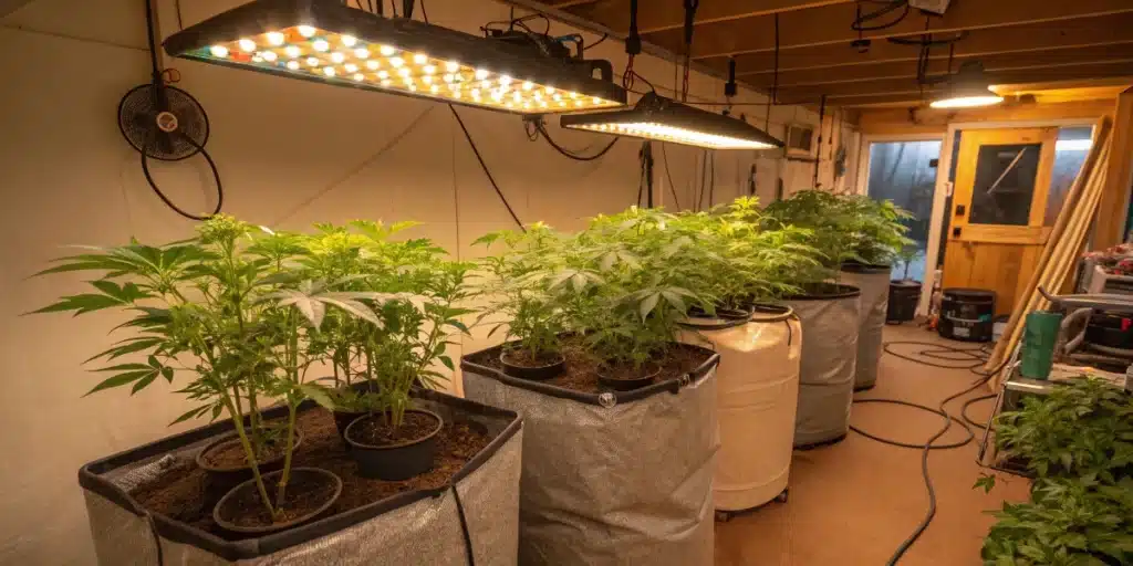 Indoor grow room with LED grow lights, large pots, and healthy cannabis plants under climate-controlled conditions for cannabis climate control