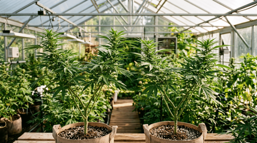Cannabis plants in greenhouse fabric pots growing in a bright indoor cultivation space with healthy green foliage.