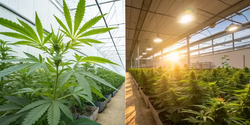 Side-by-side view of greenhouse cannabis vs indoor cannabis cultivation under natural and artificial lighting