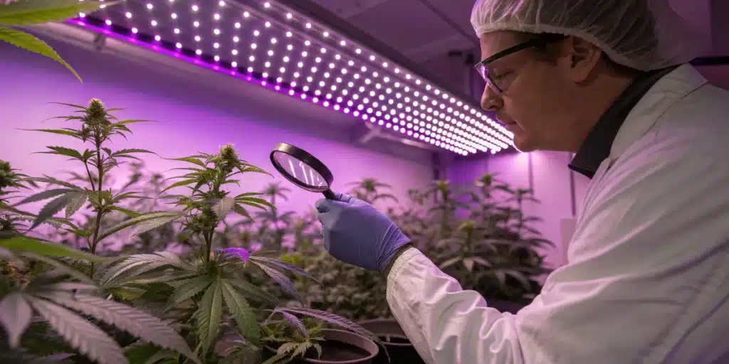 Cannabis grower examining buds under LED lights in an indoor facility for greenhouse vs indoor potency comparison.