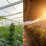 Split image: thriving cannabis plants in a bright greenhouse (left) versus plants under warm artificial lights indoors (right).