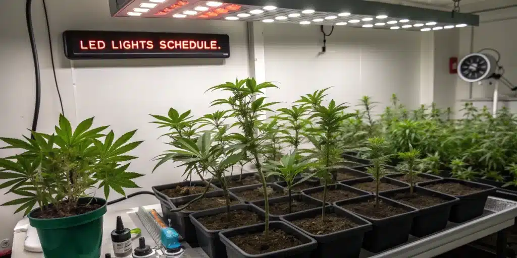 Young cannabis plants under LED panel with tools and a digital timer on the table for growing cannabis from seed to harvest indoor