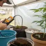 Indoor weed soil analyzed with a handheld meter near cannabis plants in round pots inside a greenhouse-style setup
