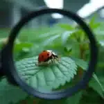 Ladybird on cannabis leaf under magnifying glass.