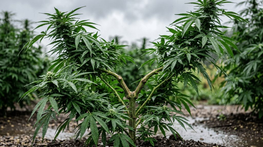 Outdoor cannabis plant after rain with wet leaves, water droplets, and dense green flowering growth under cloudy skies.