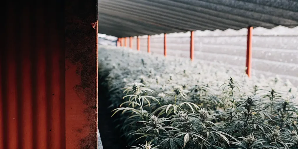 Outdoor cannabis plants growing densely under a shade structure with diffused light.