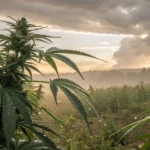 Cannabis plants wet from rain under a dramatic sunset sky.