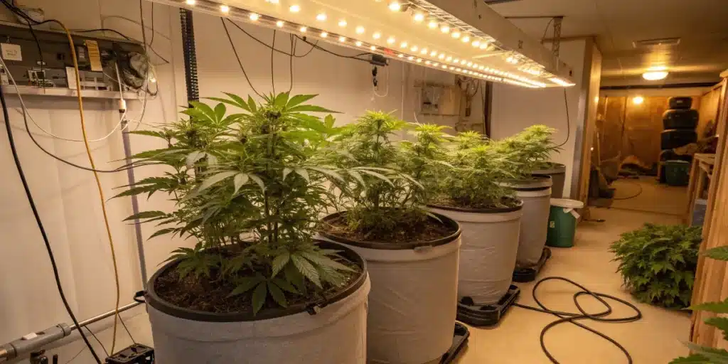 Cannabis plants in fabric pots under LED lighting in a home grow setup with visible power cables and timers for when to grow marijuana