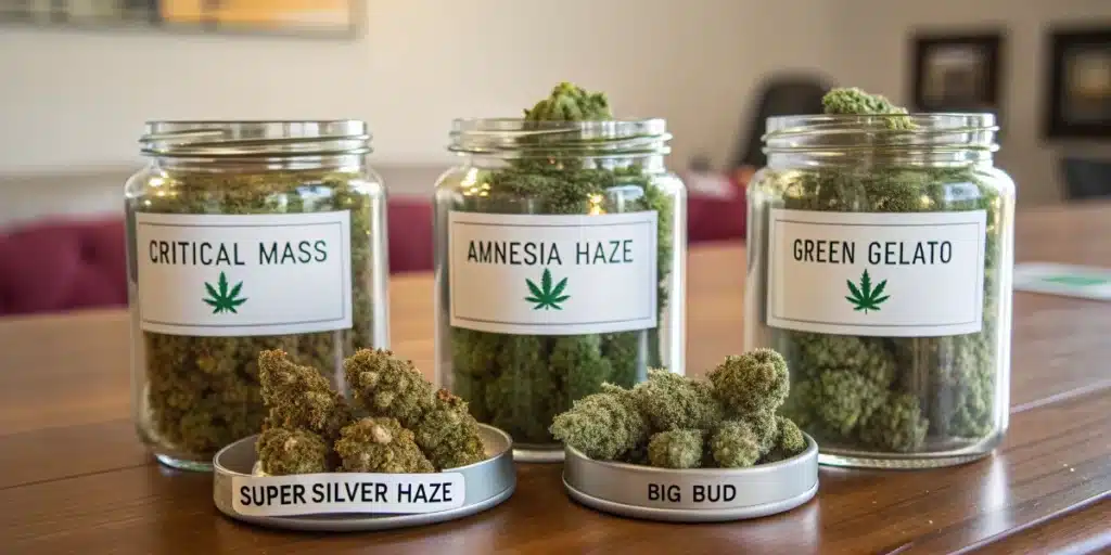 Colorful glass jars with labeled cannabis strains like Critical Mass and Amnesia Haze on a wooden table for when to grow weed