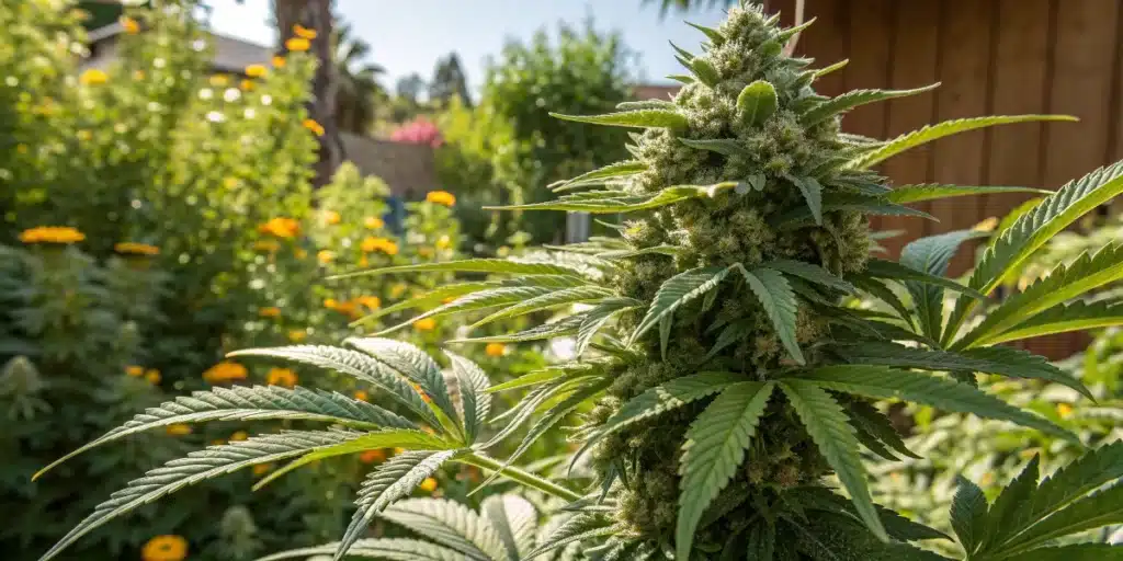 Dense cannabis cola with frosty trichomes in full bloom, growing under sunlight in a vibrant garden for when to plant weed