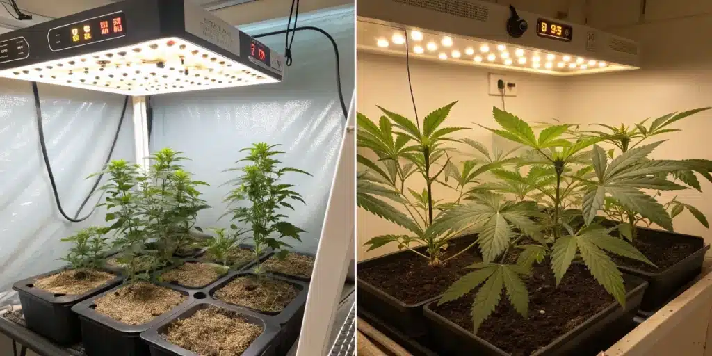 Side-by-side indoor cannabis setups under LED lights with plants in different growth stages for when to plant weed indoor
