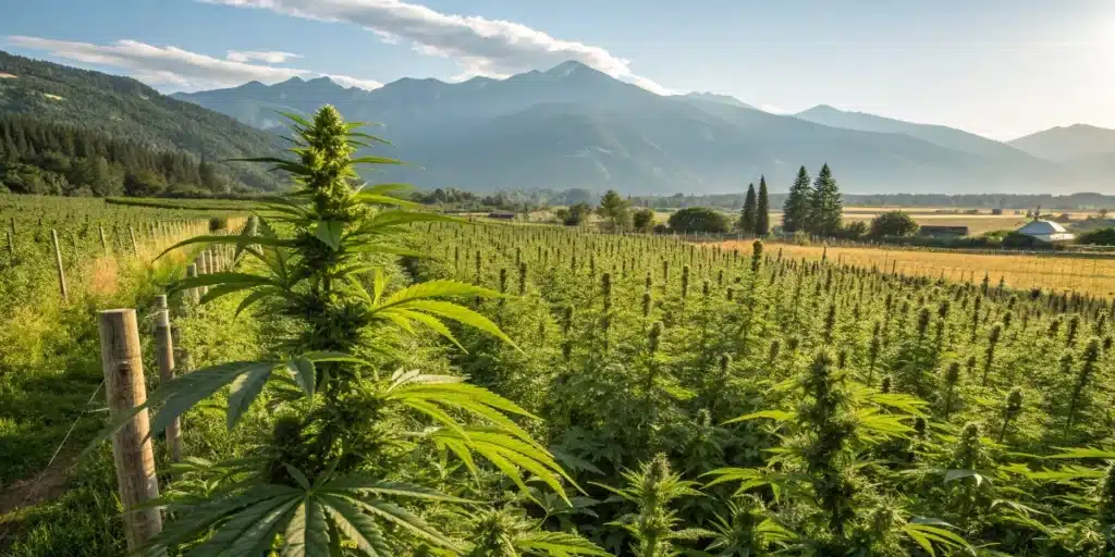Lush cannabis field in full bloom backed by mountains under bright sunlight for when to plant weed outdoor