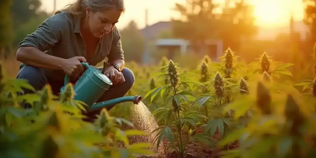 A woman carefully watering outdoor cannabis plants at sunset using a blue watering can.
