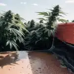 Mature cannabis plants viewed from inside a grow bed with standing water, under a sunny sky.