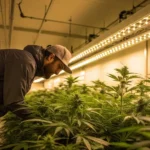 Cannabis grower inspecting plants in a well-lit indoor cultivation room.