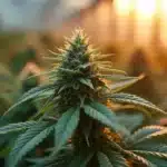 Cannabis plant with dense buds cultivated using polyploidy genetics in a modern greenhouse.