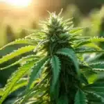 Sunlit polyploid cannabis plant thriving in outdoor agricultural fields.