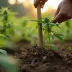 Drive stake through cannabis roots in outdoor gardens to reinforce plant stability against wind and weather.